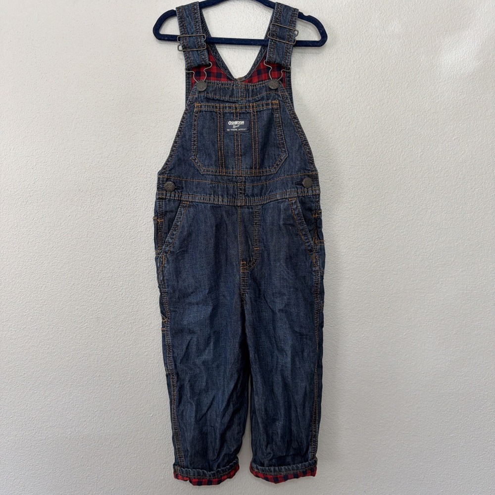 OshKosh B'gosh Plaid Overalls Kids 3T Dark Wash Flannel Lined Toddler Photos